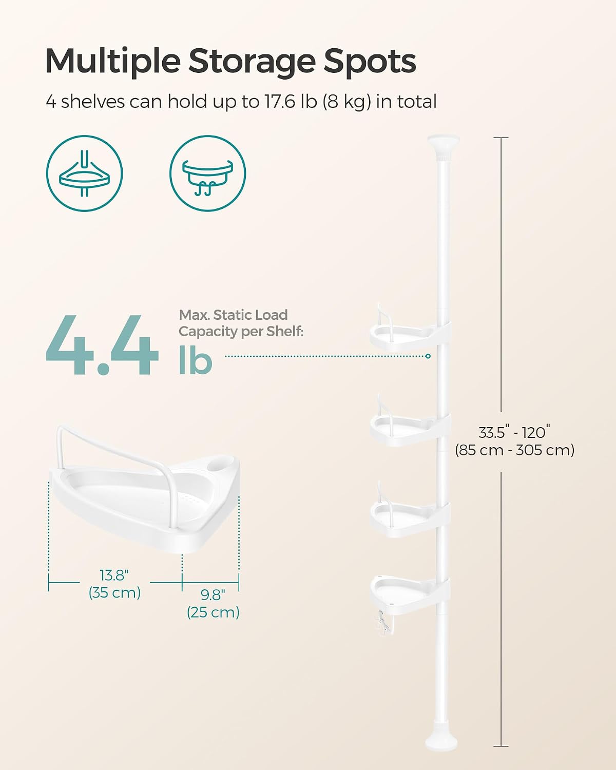 4-Tier Adjustable Shower Corner Shelf, 85-305 cm, White - Image 3