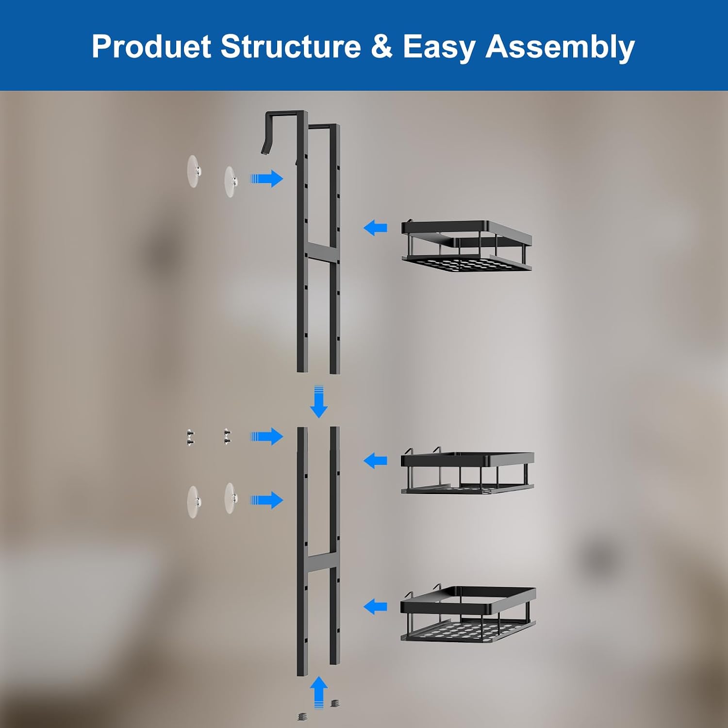 Hanging 3-Tier Over Door Shower Caddy, Adjustable Height, No Drilling Bathroom Organiser - Image 6
