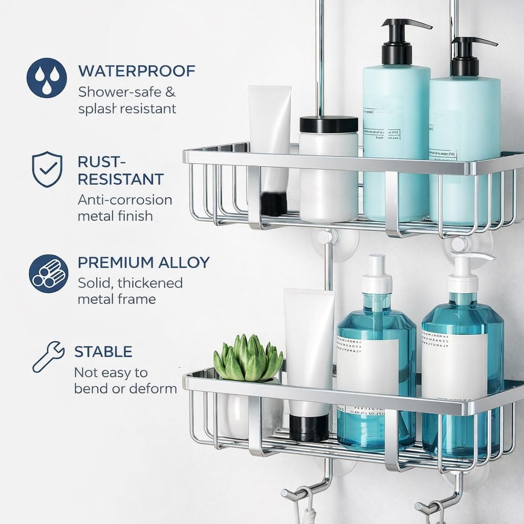 Over-the-Door 2-Tier Shower Storage Rack, No-Drilling, Easy Installation, Silver - Image 2