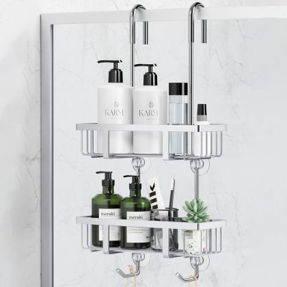 Over-the-Door 2-Tier Shower Storage Rack, No-Drilling, Easy Installation, Silver