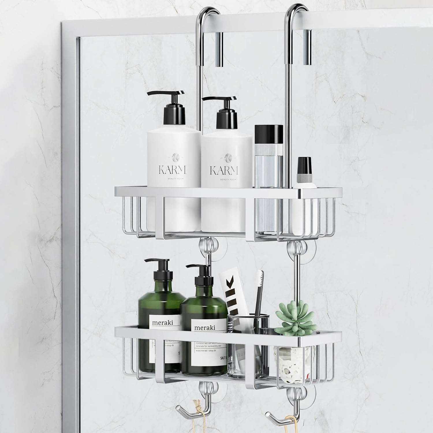 Over-the-Door 2-Tier Shower Storage Rack, No-Drilling, Easy Installation, Silver