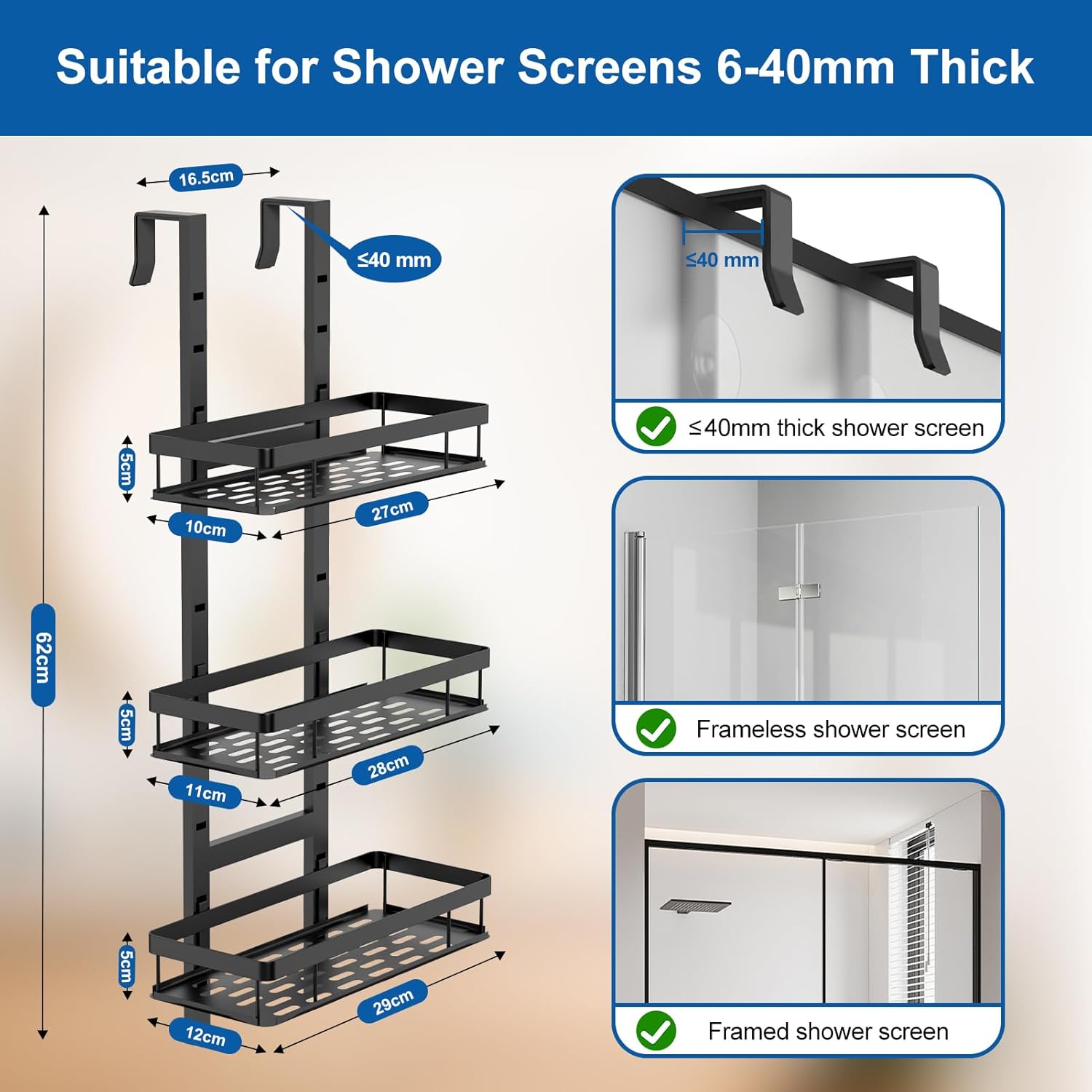 Hanging 3-Tier Over Door Shower Caddy, Adjustable Height, No Drilling Bathroom Organiser - Image 2