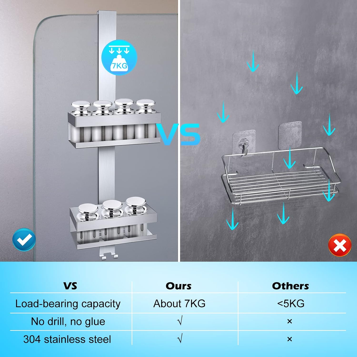 Over Door Shower Caddy, SUS304 Stainless Steel, No Drilling, Silver - Image 7