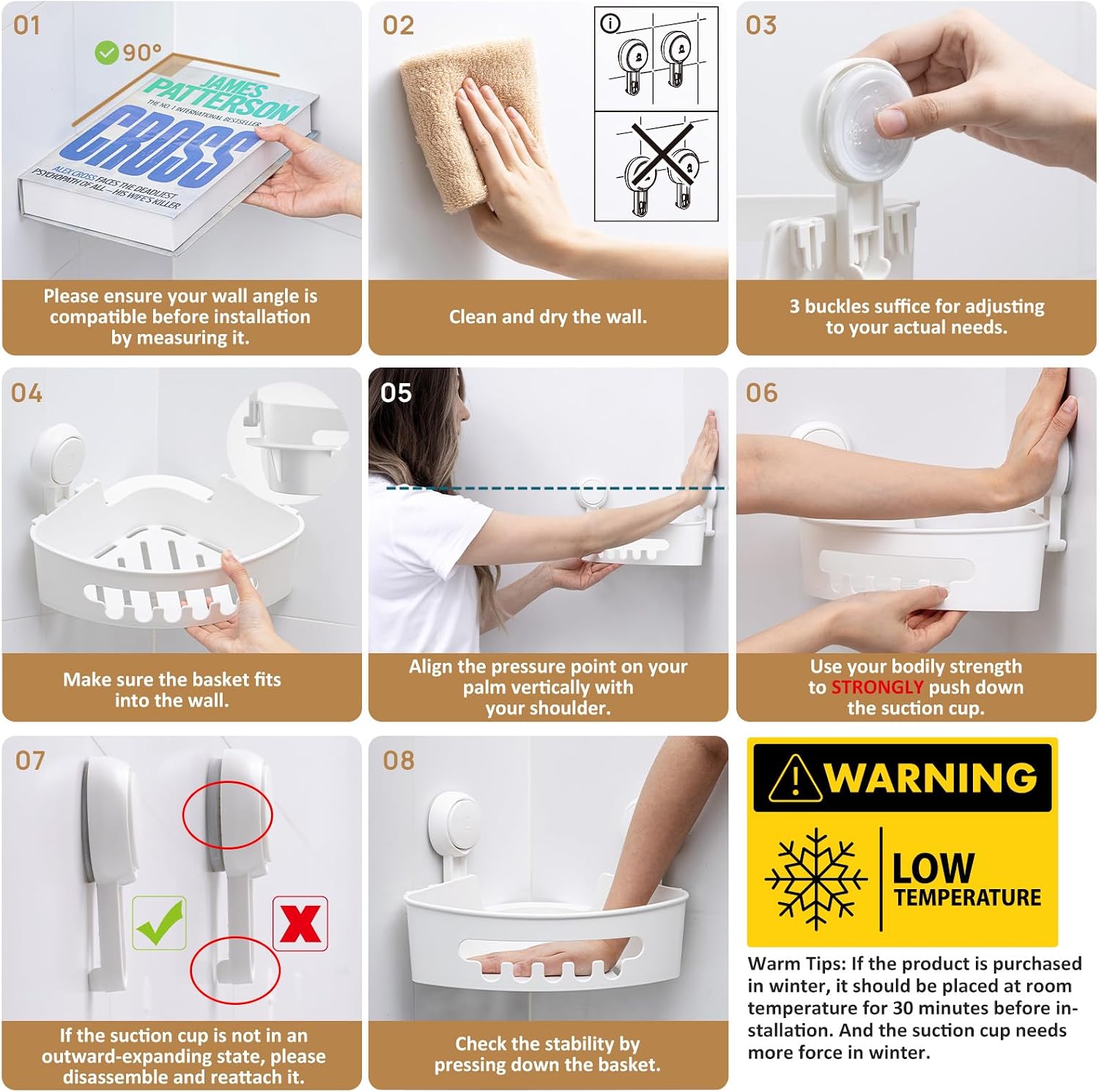 Suction Corner Shower Caddy 2-Pack, White, No Drilling Bathroom Storage Shelf - Image 7