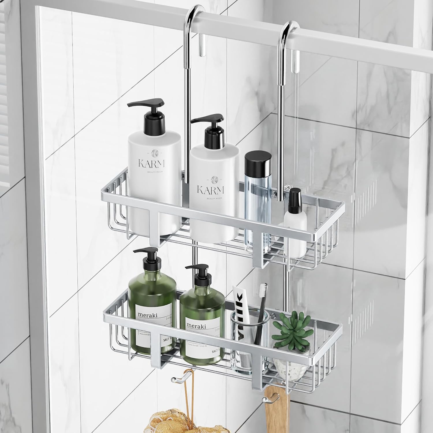 Over-the-Door 2-Tier Shower Storage Rack, No-Drilling, Easy Installation, Silver - Image 5
