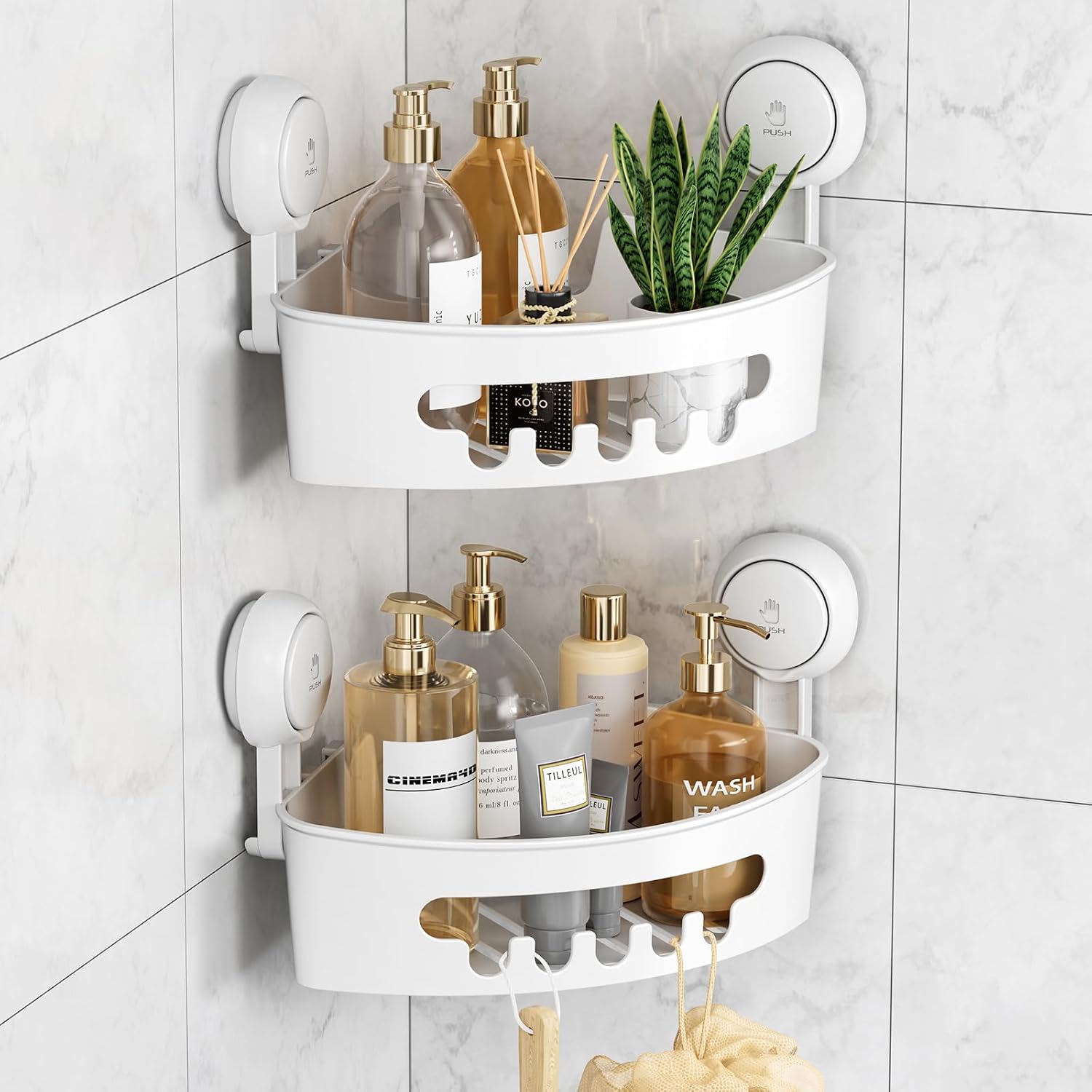 Suction Corner Shower Caddy 2-Pack, White, No Drilling Bathroom Storage Shelf
