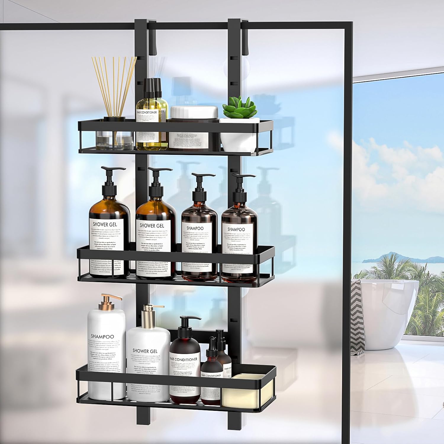 Hanging 3-Tier Over Door Shower Caddy, Adjustable Height, No Drilling Bathroom Organiser - Image 7