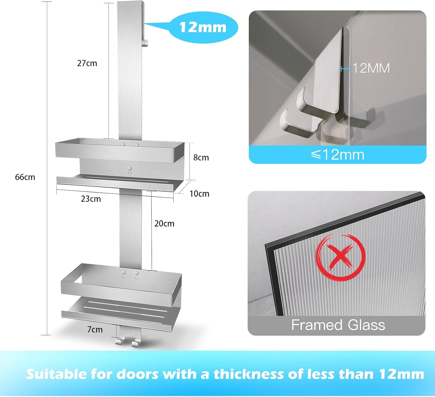 Over Door Shower Caddy, SUS304 Stainless Steel, No Drilling, Silver - Image 2