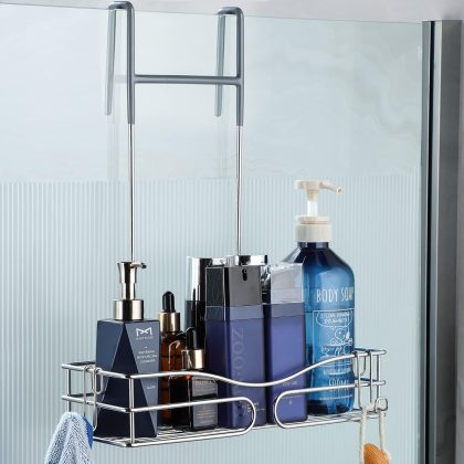 Hanging Shower Caddy – Rustproof Stainless Steel Over-the-Door Organizer with 2 Hooks