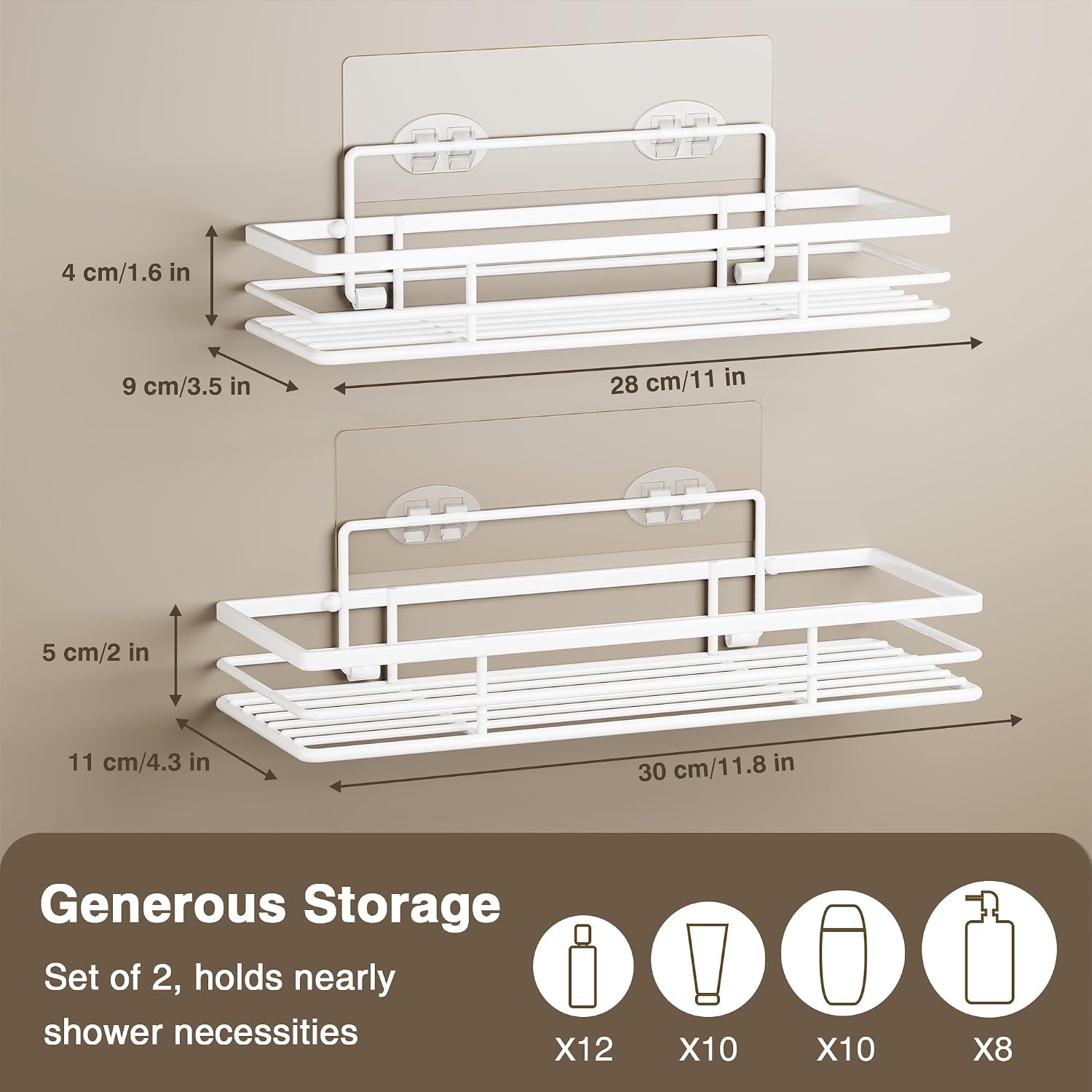 No-Drilling Shower Caddy 2-Pack, Adhesive Bathroom Organizer 11.8x4.3", Stainless Steel White - Image 2