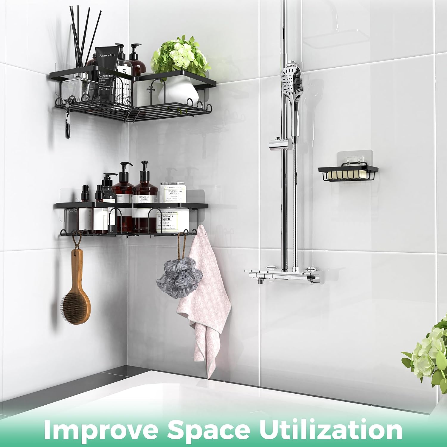 3-Pack Corner Shower Caddy, Self-Adhesive Wall Shelf with Soap Holder & Hooks, No Drilling, Rustproof - Image 5