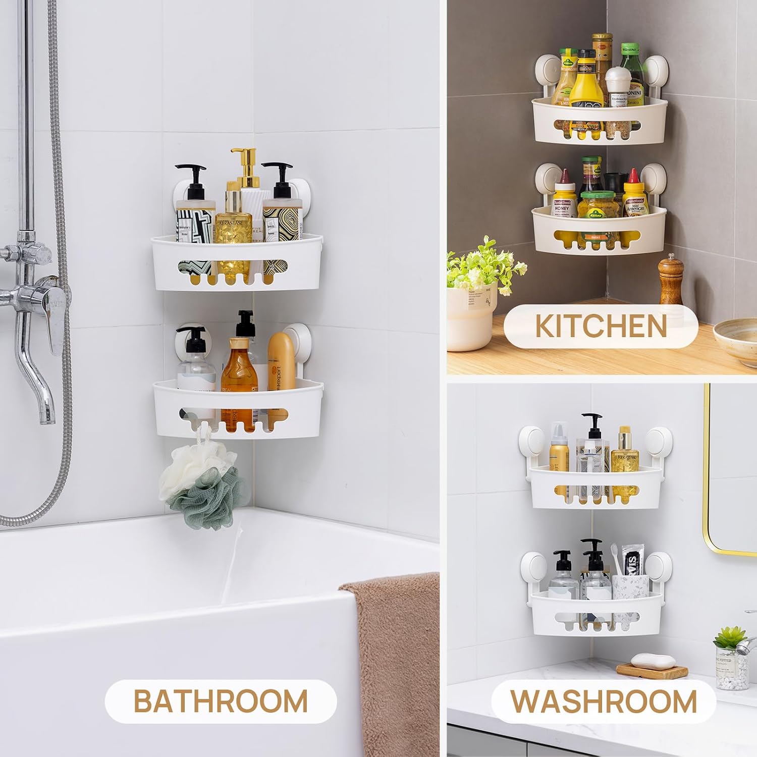 Suction Corner Shower Caddy 2-Pack, White, No Drilling Bathroom Storage Shelf - Image 5