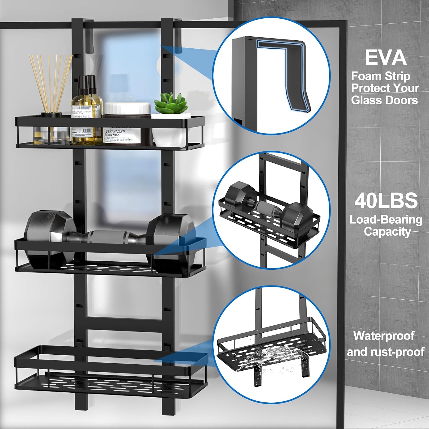 Hanging 3-Tier Over Door Shower Caddy, Adjustable Height, No Drilling Bathroom Organiser - Image 4