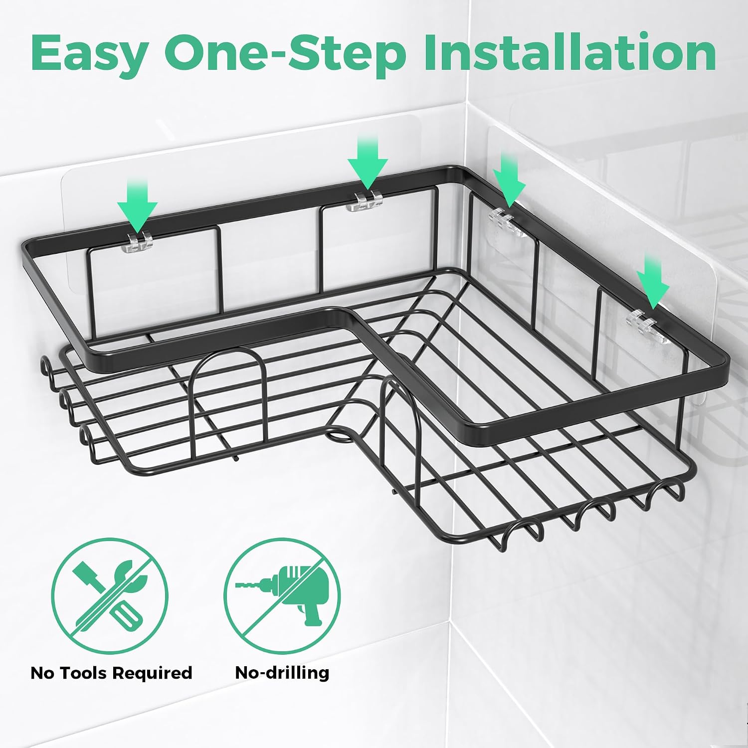 3-Pack Corner Shower Caddy, Self-Adhesive Wall Shelf with Soap Holder & Hooks, No Drilling, Rustproof - Image 6