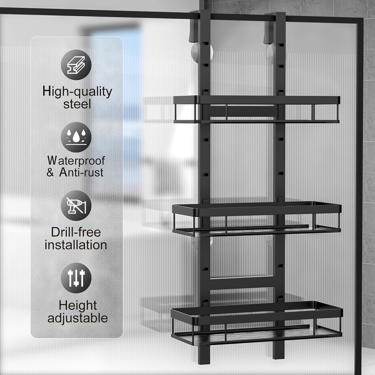 Hanging 3-Tier Over Door Shower Caddy, Adjustable Height, No Drilling Bathroom Organiser - Image 3