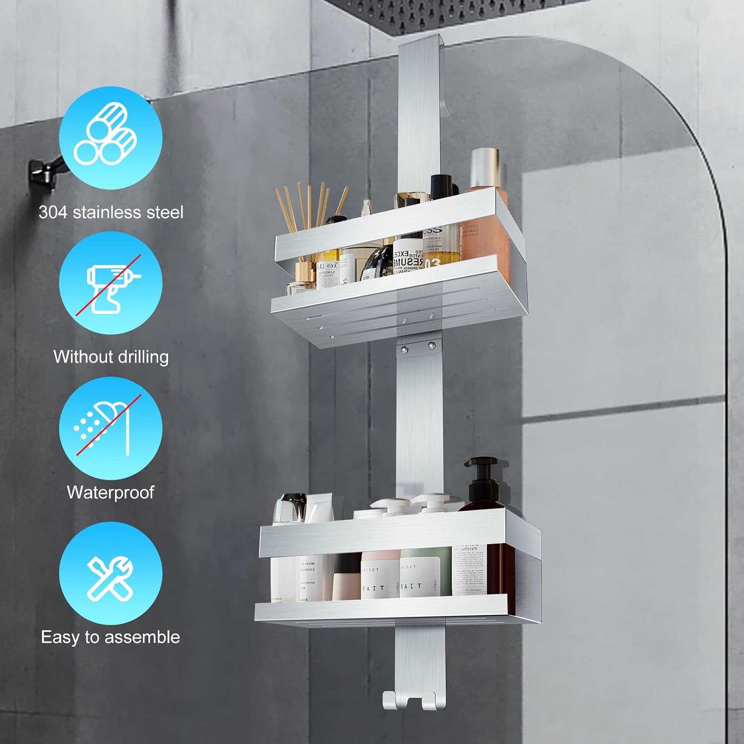 Over Door Shower Caddy, SUS304 Stainless Steel, No Drilling, Silver - Image 3