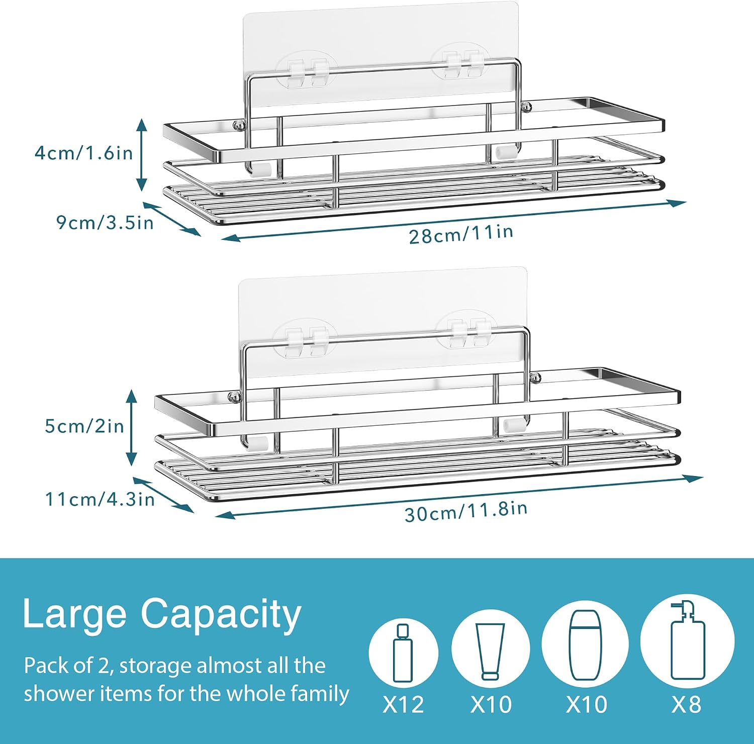Stainless Steel No-Drill Shower Caddy, 2-Pack, Silver, 11.8 x 4.3 Inches - Image 5