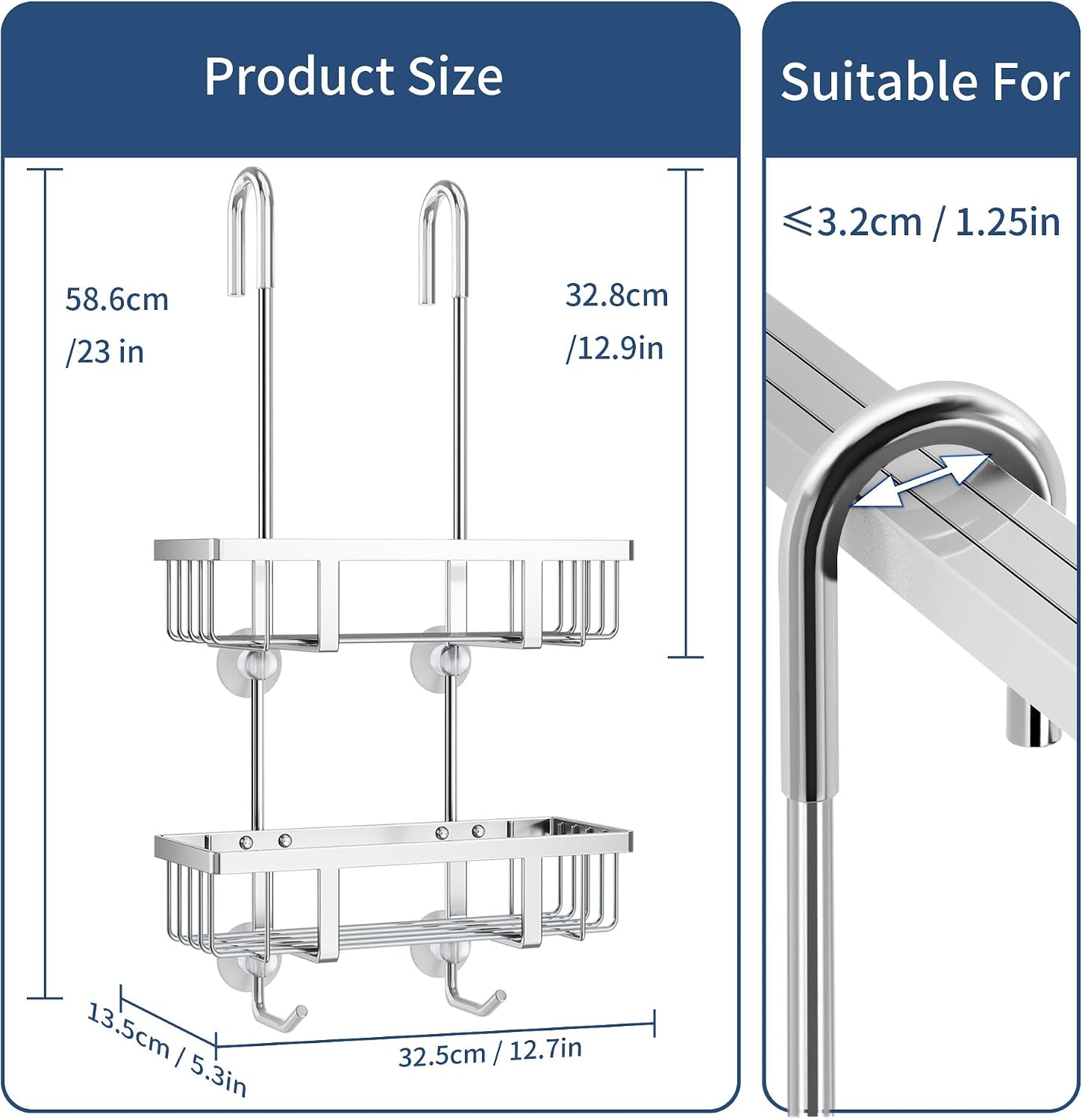 Over-the-Door 2-Tier Shower Storage Rack, No-Drilling, Easy Installation, Silver - Image 6