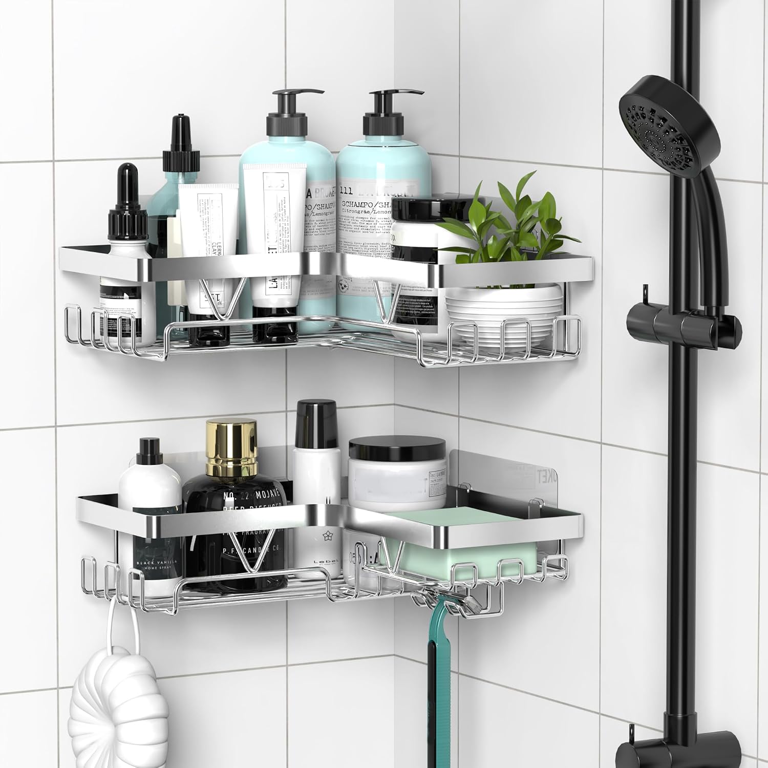 Corner Shower Caddy - No Drilling Shelf Rack, 2 Large Shelves with Soap Dish & Hooks - Image 2