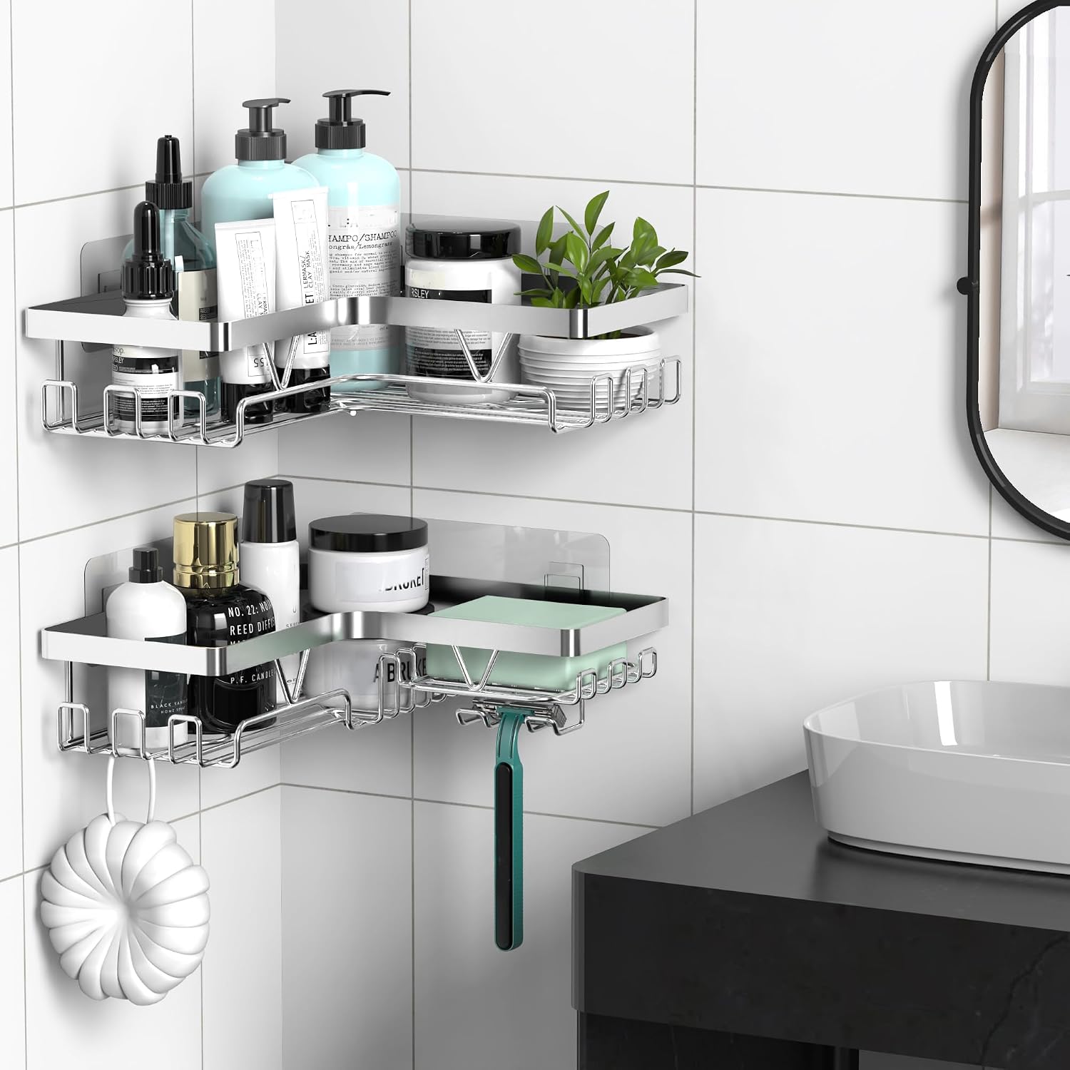 Corner Shower Caddy - No Drilling Shelf Rack, 2 Large Shelves with Soap Dish & Hooks - Image 3