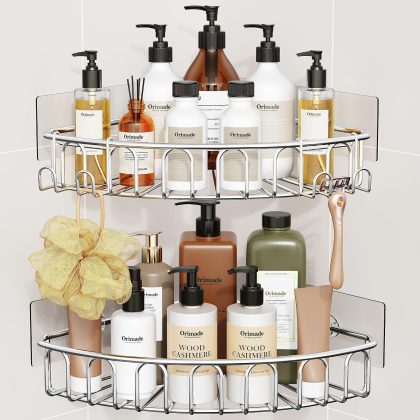 Corner Shower Shelf with 2 Movable Hooks, Stainless Steel, 2-Pack, No-Drill Wall Mount