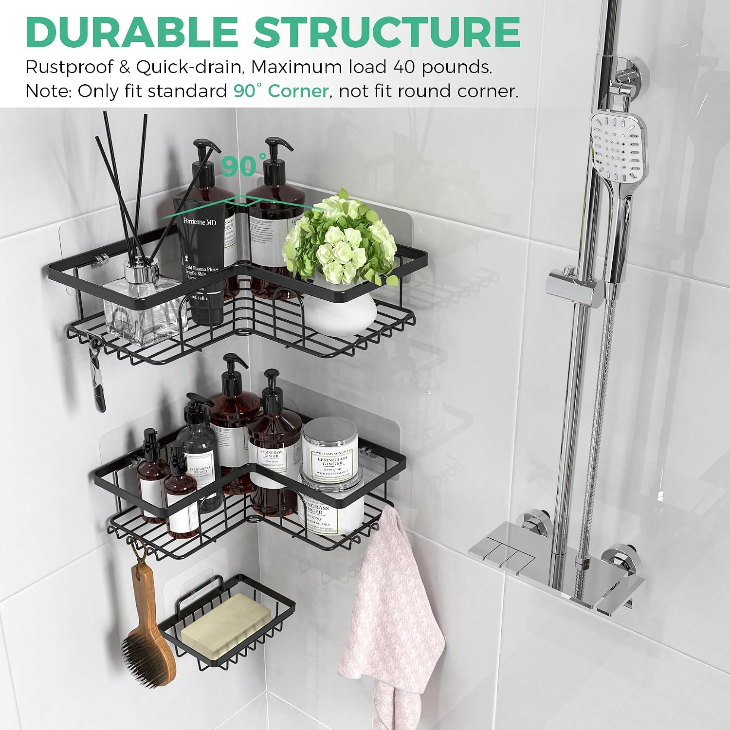 3-Pack Corner Shower Caddy, Self-Adhesive Wall Shelf with Soap Holder & Hooks, No Drilling, Rustproof - Image 2