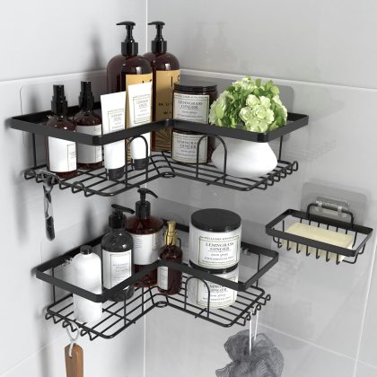 3-Pack Corner Shower Caddy, Self-Adhesive Wall Shelf with Soap Holder & Hooks, No Drilling, Rustproof