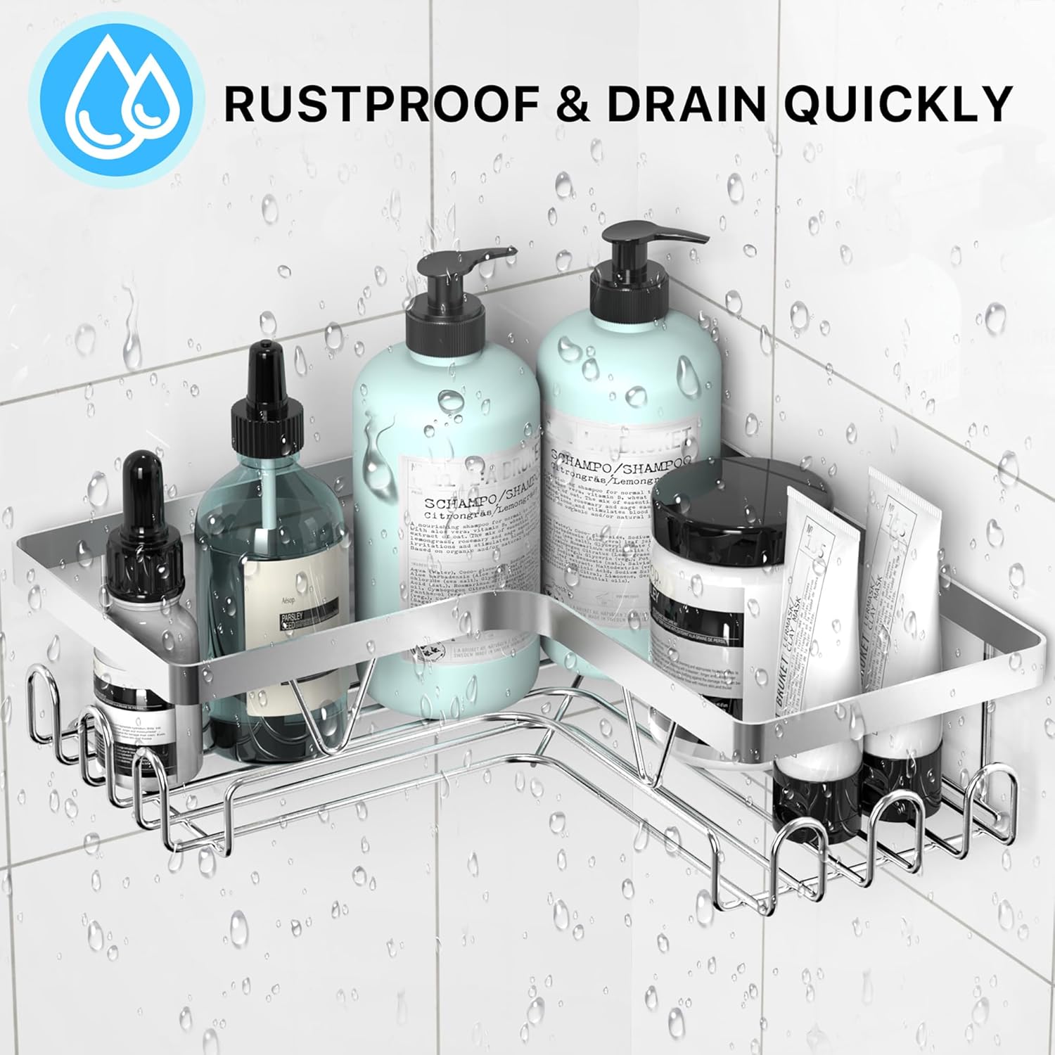 Corner Shower Caddy - No Drilling Shelf Rack, 2 Large Shelves with Soap Dish & Hooks - Image 4