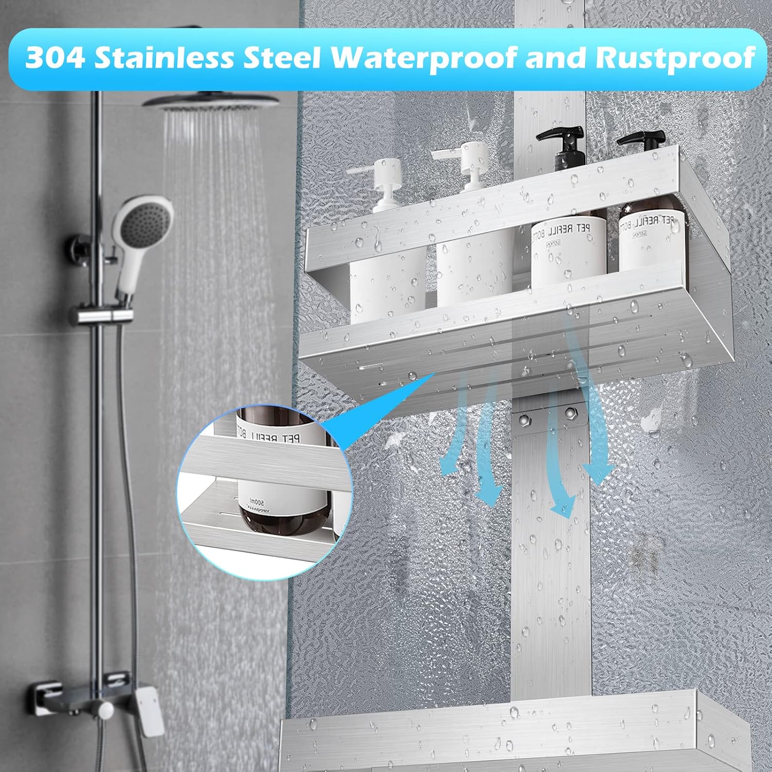 Over Door Shower Caddy, SUS304 Stainless Steel, No Drilling, Silver - Image 4