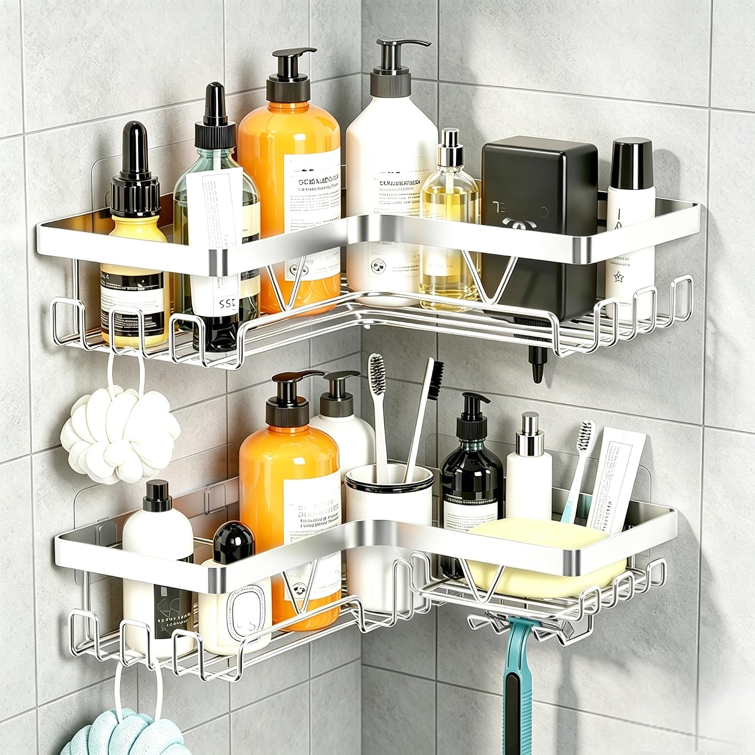 Corner Shower Caddy - No Drilling Shelf Rack, 2 Large Shelves with Soap Dish & Hooks