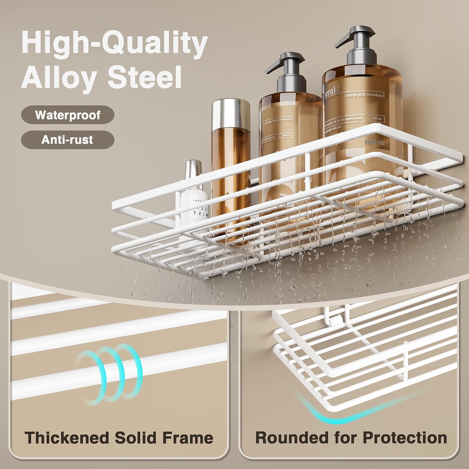 No-Drilling Shower Caddy 2-Pack, Adhesive Bathroom Organizer 11.8x4.3", Stainless Steel White - Image 4