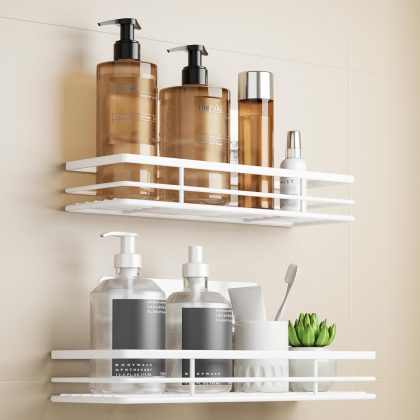 No-Drilling Shower Caddy 2-Pack, Adhesive Bathroom Organizer 11.8x4.3", Stainless Steel White