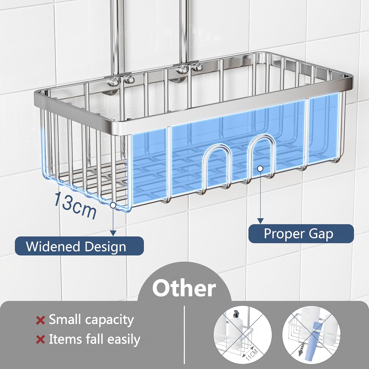 Shower Caddy Hanging Organiser, No Drilling Stainless Steel Shampoo Holder, 30×13×37.5 cm - Image 4