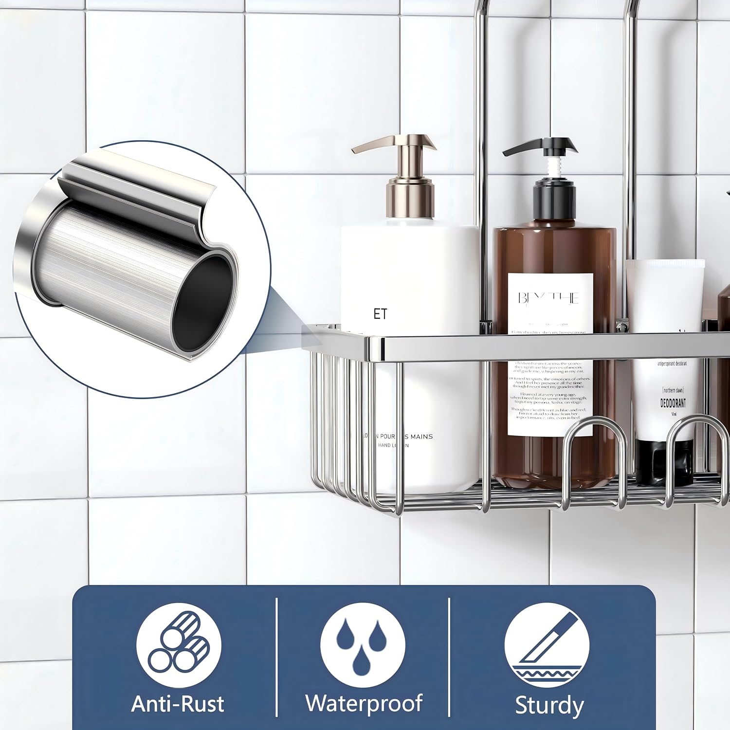 Shower Caddy Hanging Organiser, No Drilling Stainless Steel Shampoo Holder, 30×13×37.5 cm - Image 6