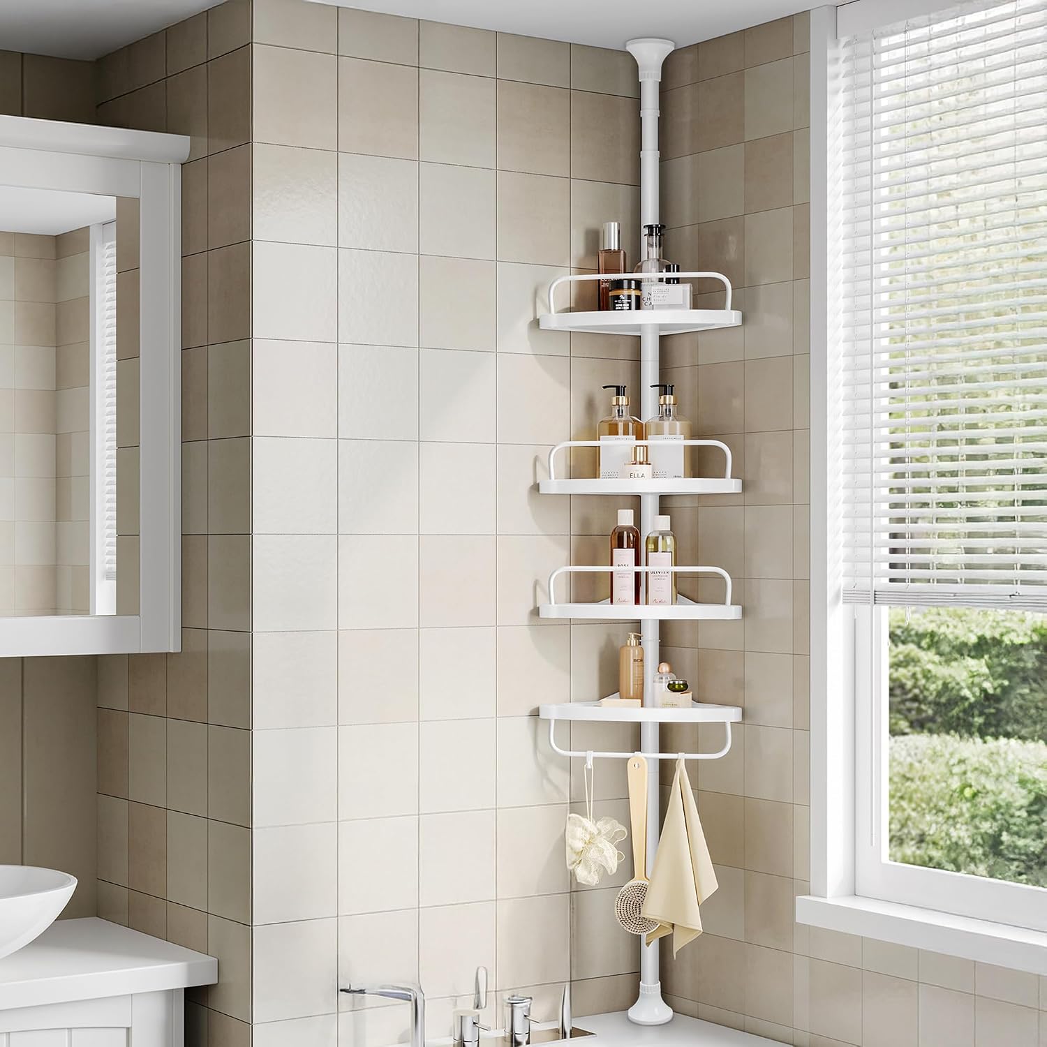 4-Tier Adjustable Shower Corner Shelf, 85-305 cm, White - Image 2