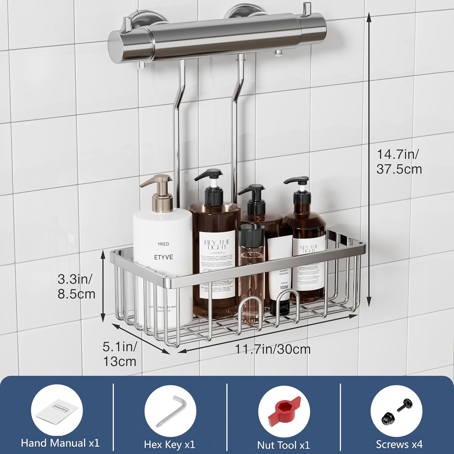Shower Caddy Hanging Organiser, No Drilling Stainless Steel Shampoo Holder, 30×13×37.5 cm - Image 5